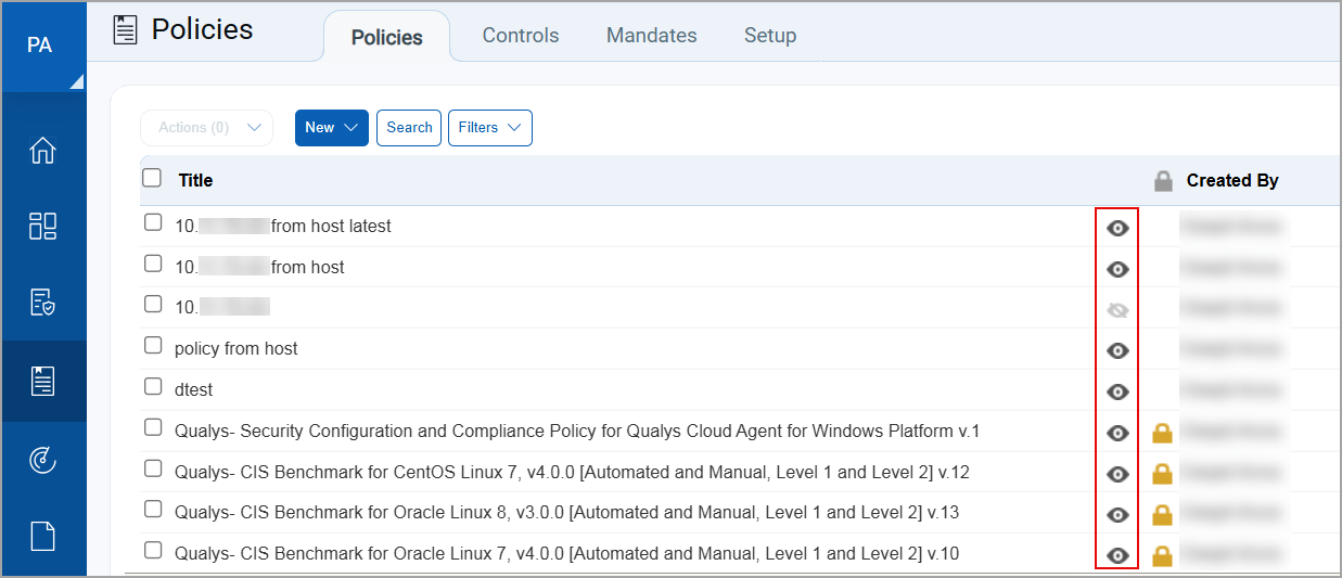 Icons indicating active and deactivated policies.